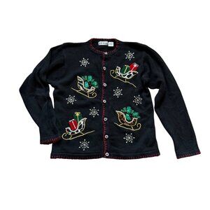 Vintage B.P. Design Christmas Sweater Cardigan Large Black With Embroidered Sled